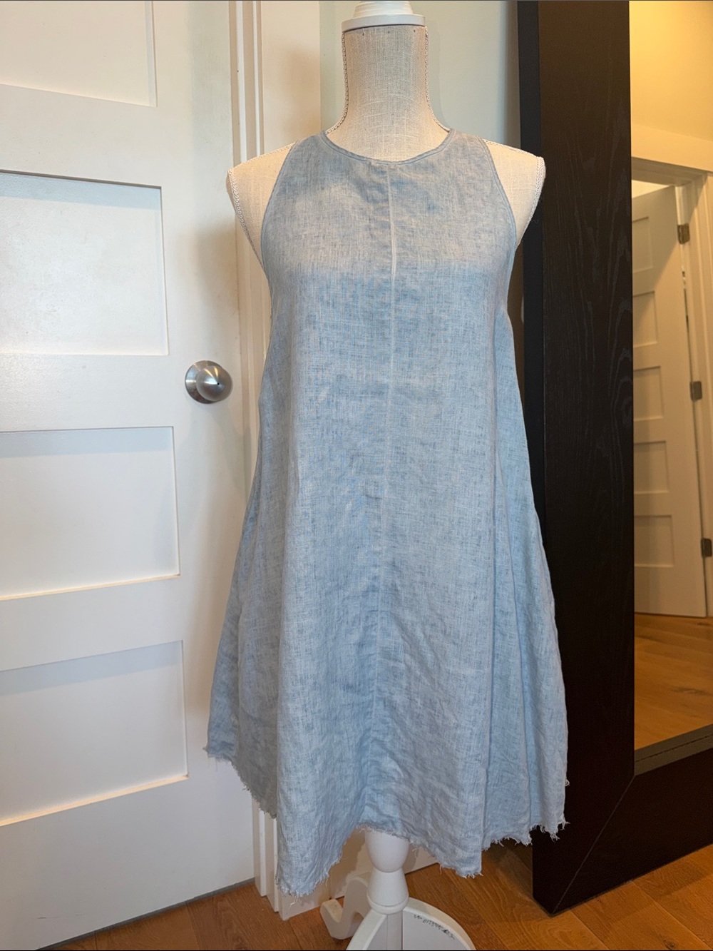 Zara Vela Chambray Linen Light Blue Trapeze Swing Mini Dress XS